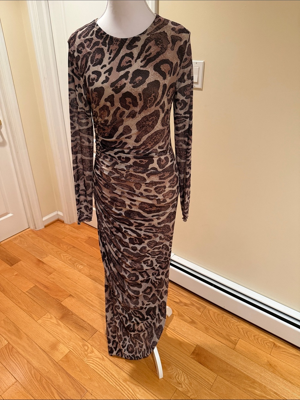 SHEIN Brown Leopard Print Long Sleeve Ruched Maxi Dress